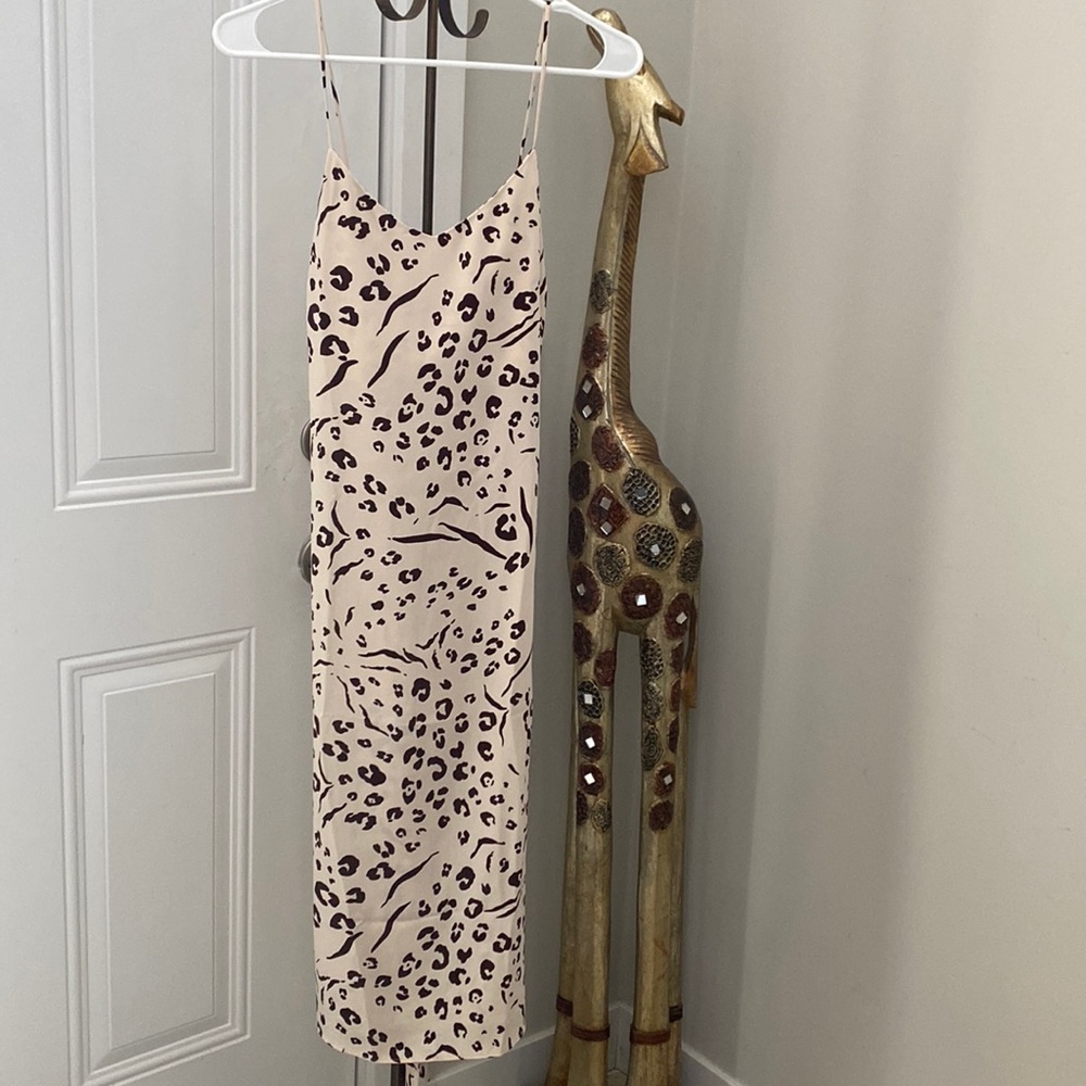 Nine West NWT Cream Cheetah Animal Print Slip Midi Dress Side Zip Womens M